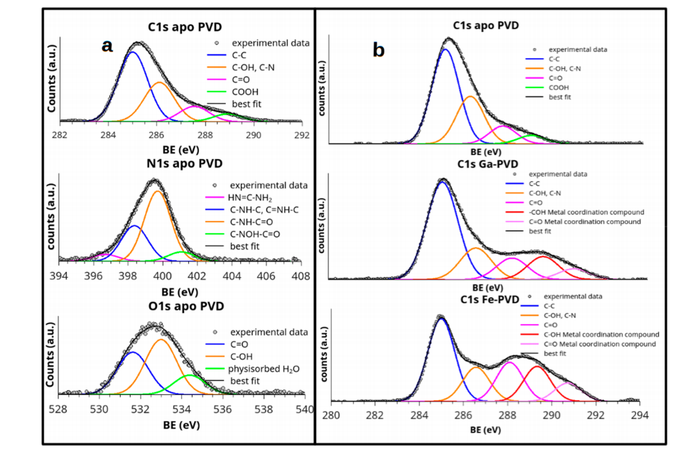 图1b-alt：Ga/Fe-PVD复合物C1s谱图对比，展示金属配位引发的特征峰分裂现象