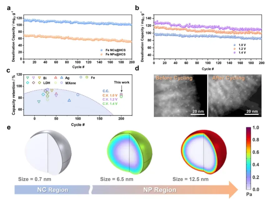 Long-term stability and structural integrity analysis. (a) Cyclic desalination performance of Fe NCs@HCS-based FDI over 200 cycles at constant current of 230 mA g-1. (b) Cyclic desalination performance of Fe NCs@HCS-based FDI over 200 cycles at constant voltage of 1.0, 1.2, and 1.4 V. (c) Capacity retention comparison with state-of-the-art FDI anode systems (reference Table S4). (d) HAADF-STEM images of Fe NCs@HCS before and after cyclic desalination test. (e) Finite-element simulation of von Mises stress distribution during chloride insertion for different Fe particle sizes at t = 0.005 s.